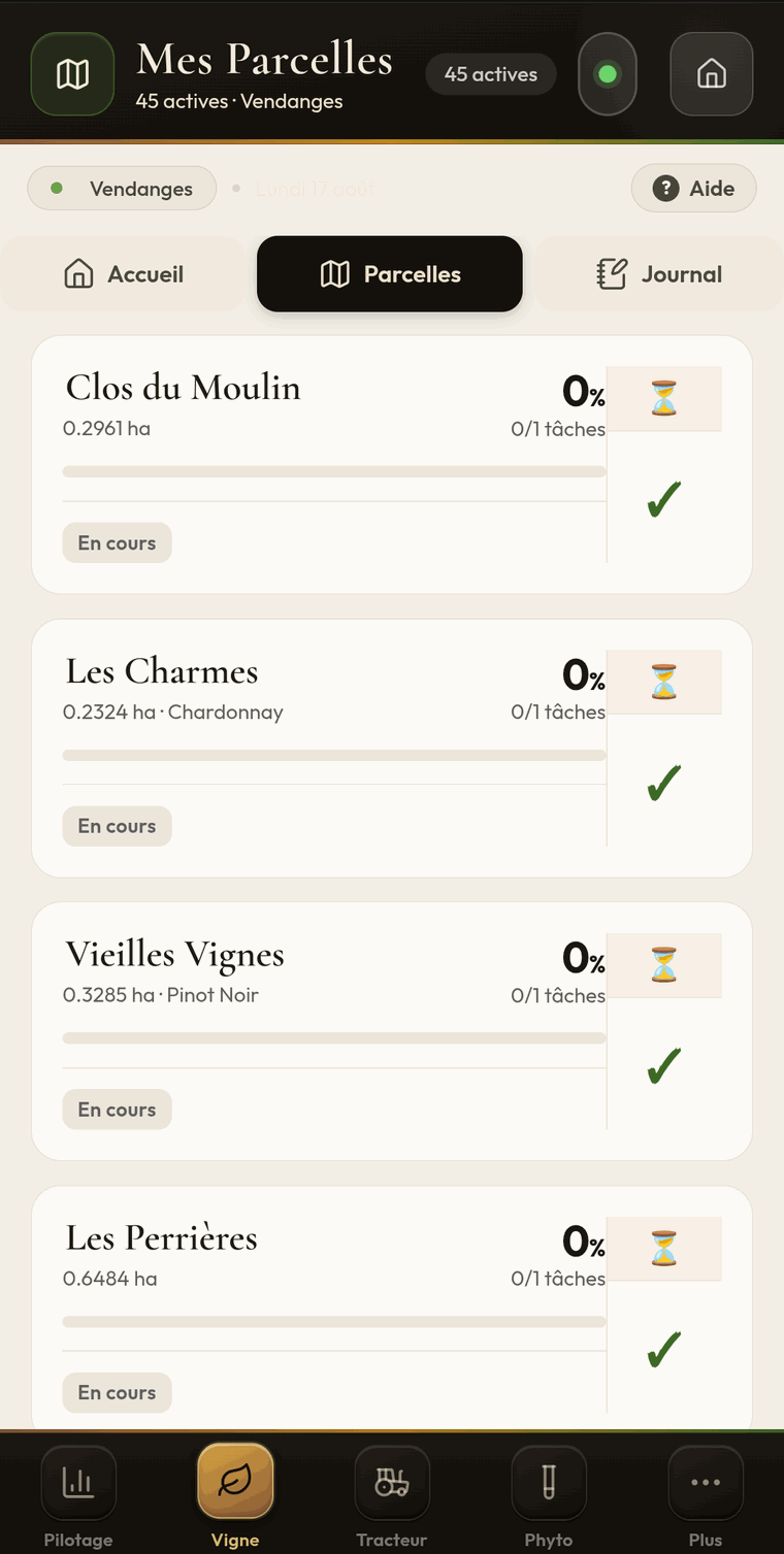 Liste des parcelles sur téléphone&nbsp;: surface, cépage, avancement de la tâche du jour et validation en un tap