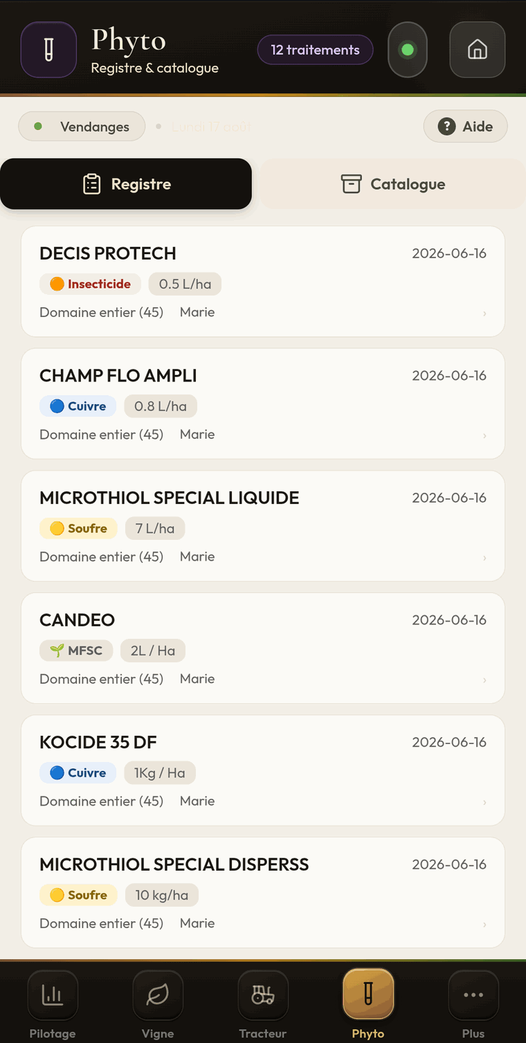Registre phytosanitaire sur téléphone&nbsp;: produit, famille, dose à l&rsquo;hectare, parcelles traitées, applicateur et date